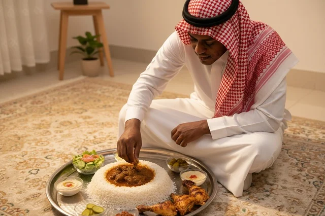 Saudi Man Eating Traditional Arabic Rice and Chicken Meal
