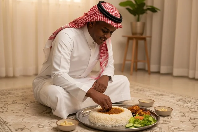 رجل سعودي بالثوب التقليدي يتناول وجبة الكبسة