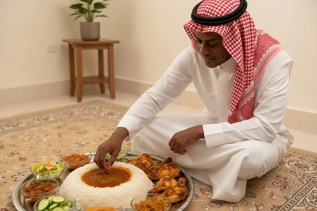 Saudi Man Eating Traditional Mandi Rice and Chicken