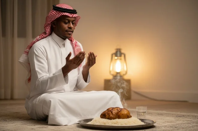 رجل سعودي بالزي التقليدي يدعو قبل تناول الطعام