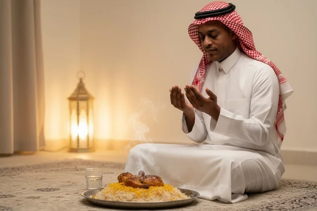 Saudi Man in Traditional Thobe Praying Before Meal