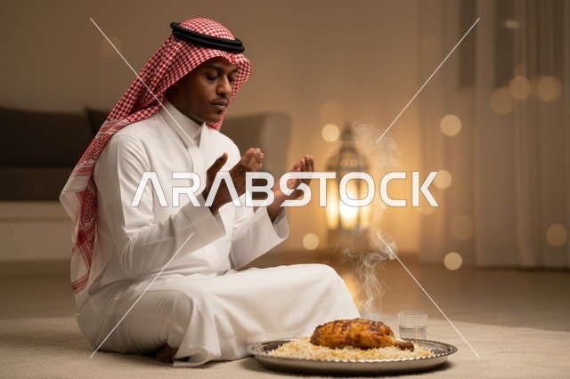 رجل سعودي يدعو قبل تناول الطعام في المنزل
