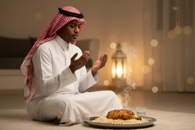 Saudi Man Praying Before Traditional Meal Indoor