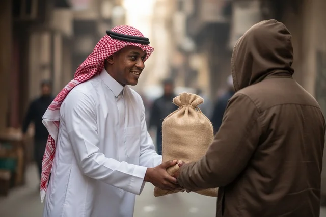 رجل سعودي يقدم معونة غذائية بملابس تقليدية