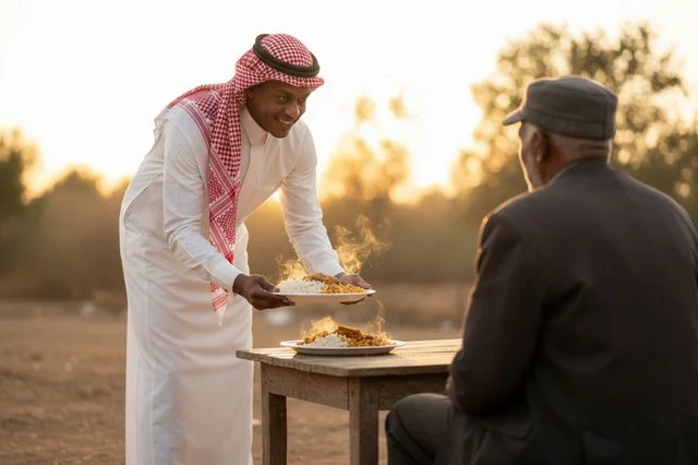 Saudi Man Serving Traditional Food at Sunset