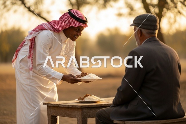 شاب سعودي يقدم الطعام لرجل مسن وقت الغروب
