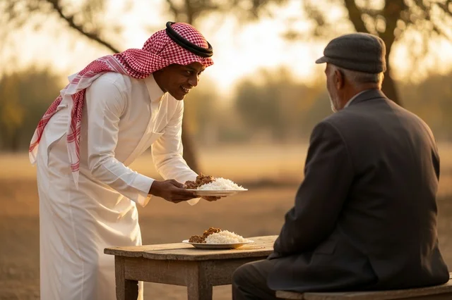 Saudi Man Serving Food to Elderly at Sunset