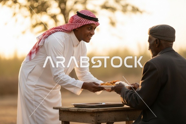 شاب سعودي يقدم الطعام لرجل مسن وقت الغروب