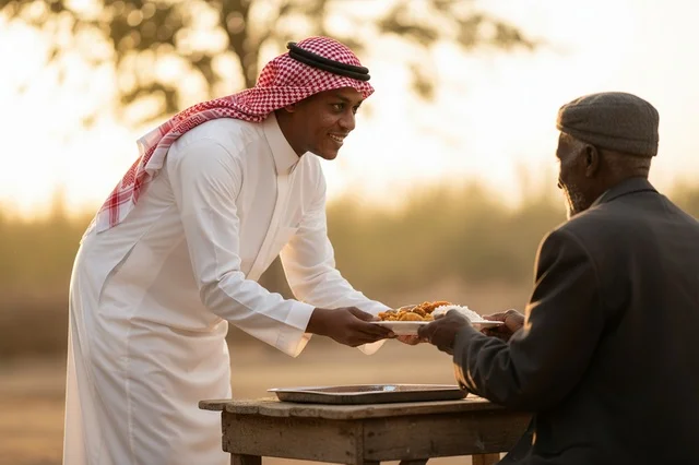 Saudi Man Serving Food to Elder at Sunset Outdoors
