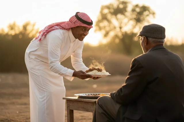 Saudi Man Serving Traditional Arabic Food at Sunset