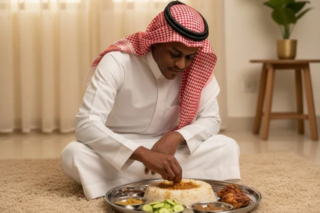 Saudi Man Eating Traditional Rice and Chicken Meal