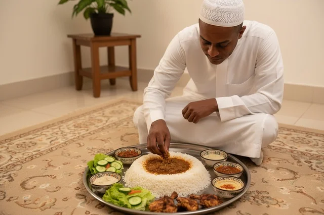Saudi Man Eating Traditional Mandi Rice and Meat