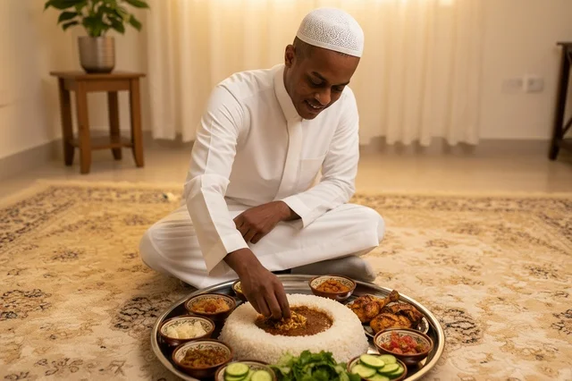Saudi Man in Traditional Thobe Eating Traditional Meal