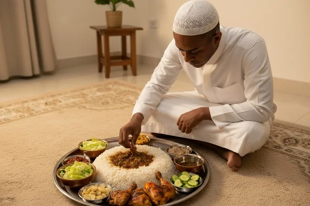 رجل سعودي يتناول وجبة الكبسة التقليدية في المنزل
