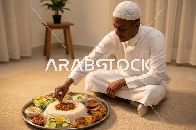 رجل أفريقي بالثوب الأبيض يتناول وجبة تقليدية