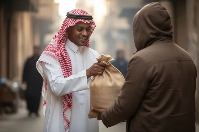 Saudi Man Giving Food Bag Charity Donation
