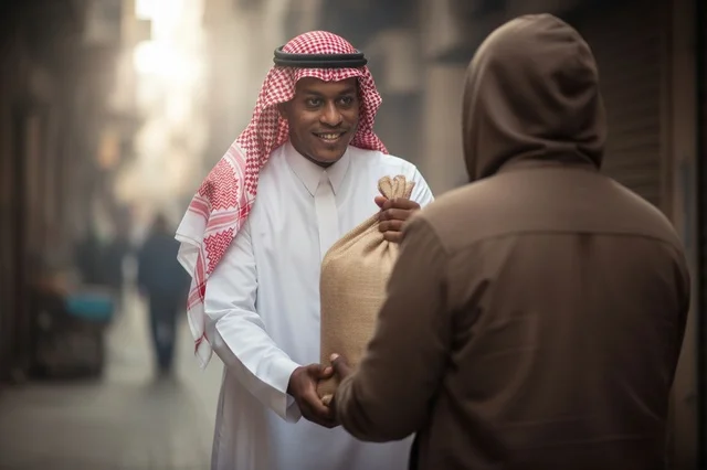 Saudi Man Giving Food Donation in Urban Alley