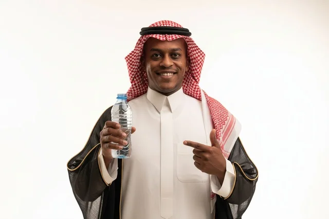 Saudi Man Holding Water Bottle in Traditional Dress Saudi Man Holding Water Bottle in Traditional Dress