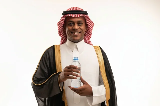 رجل سعودي بالبشت التقليدي يمسك زجاجة مياه
