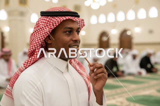 رجل سعودي بالزي التقليدي والمسواك في المسجد