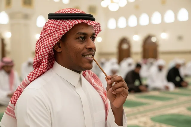 Saudi Man with Miswak in Traditional Clothing