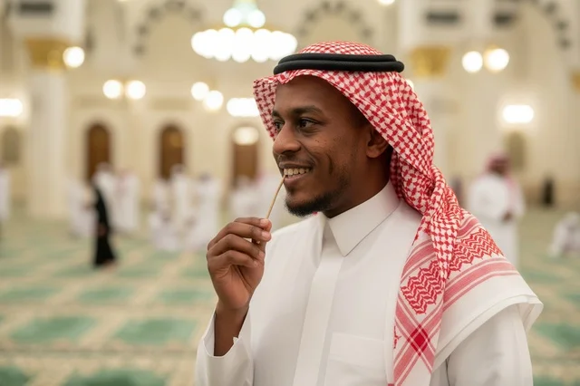 Saudi Man Using Miswak in Mosque Traditional Clothing