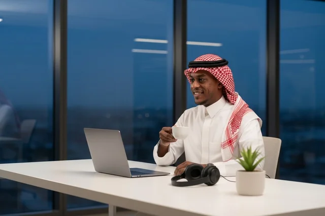 Saudi Businessman Working on Laptop in Office at Night