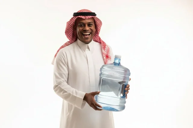 A Saudi man holding a large water bottle against a white background.
