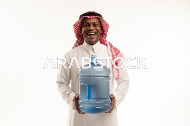 A Saudi man holding a large water bottle against a white background.