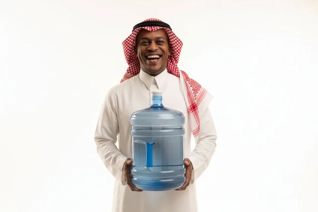 A Saudi man holding a large water bottle against a white background.