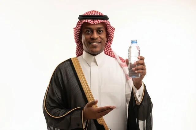 رجل سعودي بالبشت التقليدي يحمل زجاجة مياه
