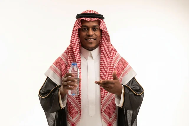 Saudi Man in Traditional Dress Holding Water Bottle