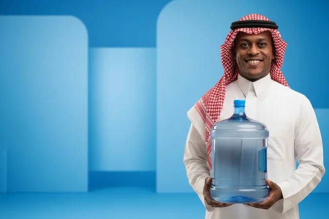رجل سعودي بالزي التقليدي يحمل جالون مياه شرب كبير رجل سعودي بالزي التقليدي يحمل جالون مياه شرب كبير