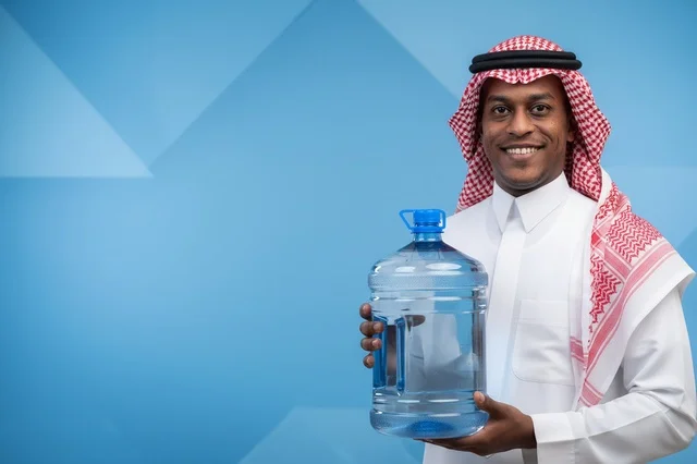 رجل سعودي بالزي التقليدي يحمل جالون مياه شرب كبير