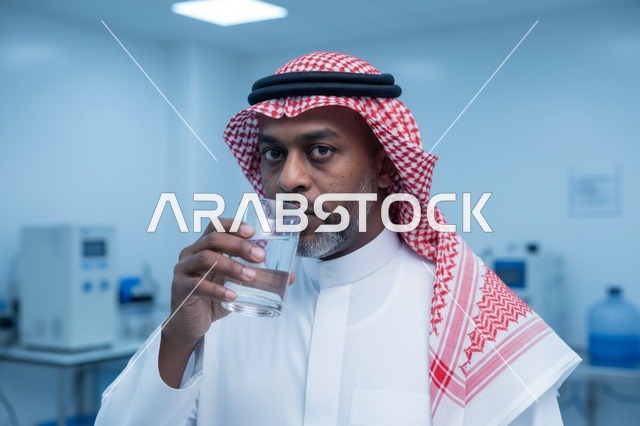 رجل سعودي يشرب الماء في مختبر طبي