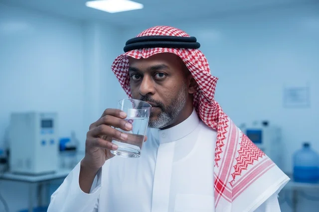 Saudi Man Drinking Water in Medical Laboratory