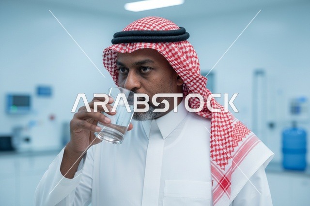 رجل سعودي يشرب الماء في محطة صناعية