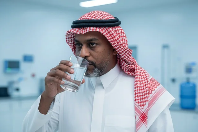 Saudi Man Drinking Water in Industrial Plant