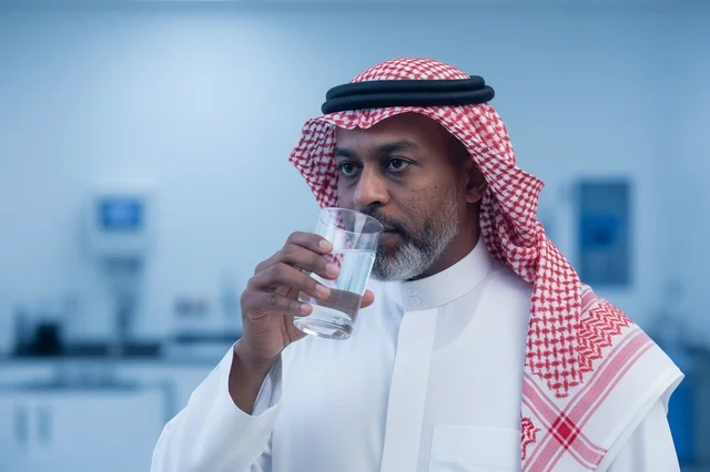 Saudi Man in Traditional Dress Drinking Water Indoors