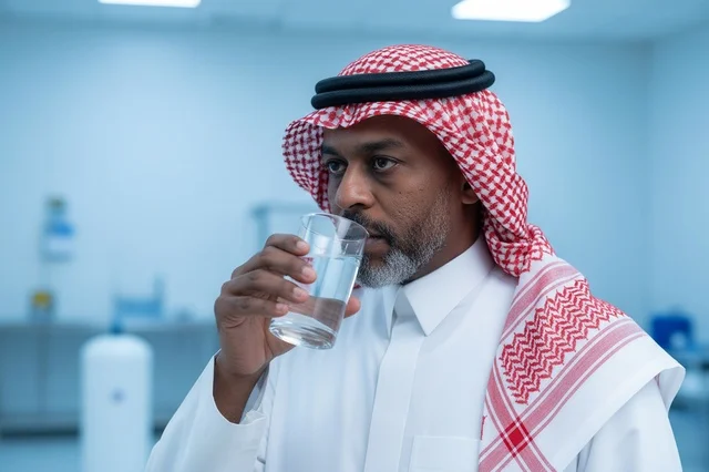رجل سعودي بالزي التقليدي يشرب الماء
