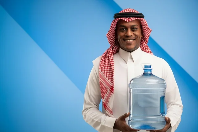 Saudi Man in Traditional Thobe Holding Water Cooler Gallon