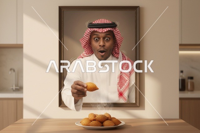 Saudi Man Reaching for Kibbeh with Surprise Expression