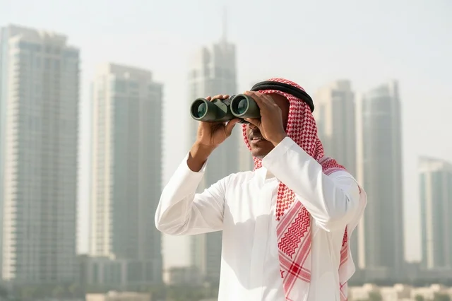 رجل سعودي مع منظار أمام ناطحات سحاب المدينة