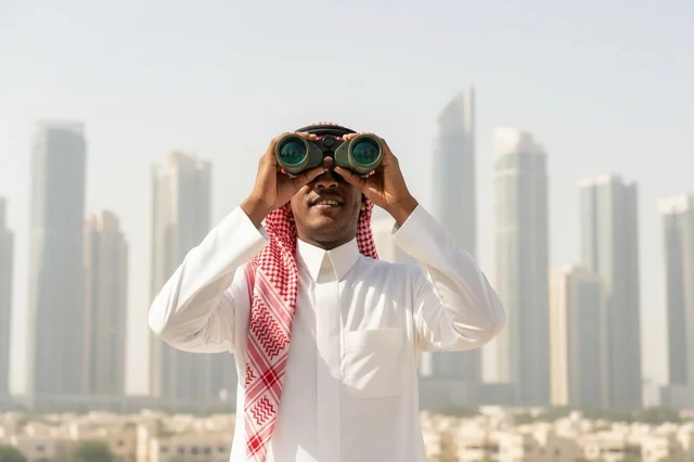 Saudi Man with Binoculars in Front of Dubai Skyline