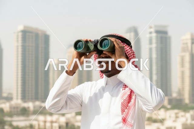 رجل سعودي يستخدم المنظار أمام أفق مدينة حديثة