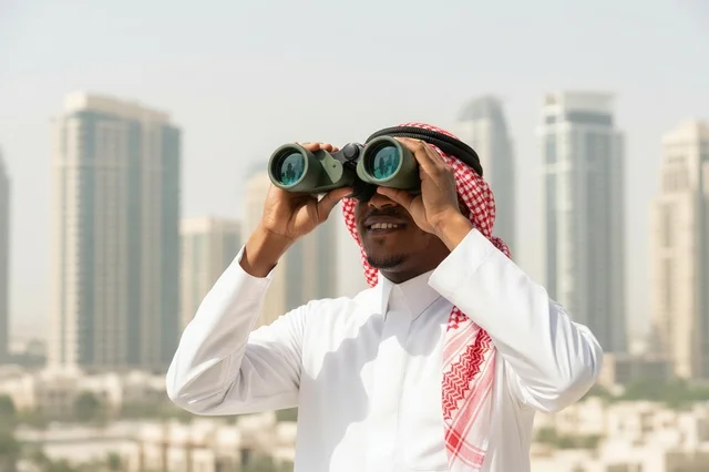 رجل سعودي يستخدم المنظار أمام أفق مدينة حديثة
