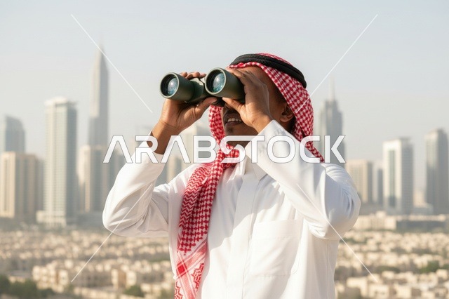 رجل سعودي يستخدم المنظار أمام أفق المدينة