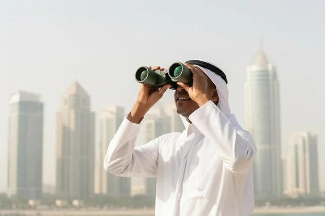 رجل إماراتي مع منظار ينظر إلى أفق المدينة