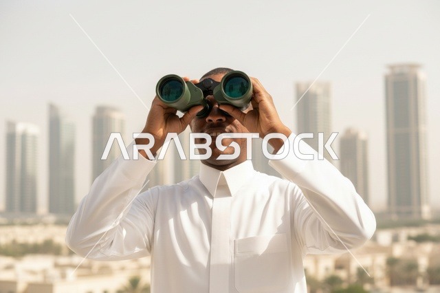 رجل أفريقي بالثوب الأبيض يستخدم المنظار في المدينة
