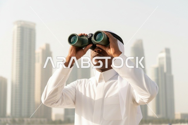رجل إماراتي يستخدم المنظار أمام أفق المدينة